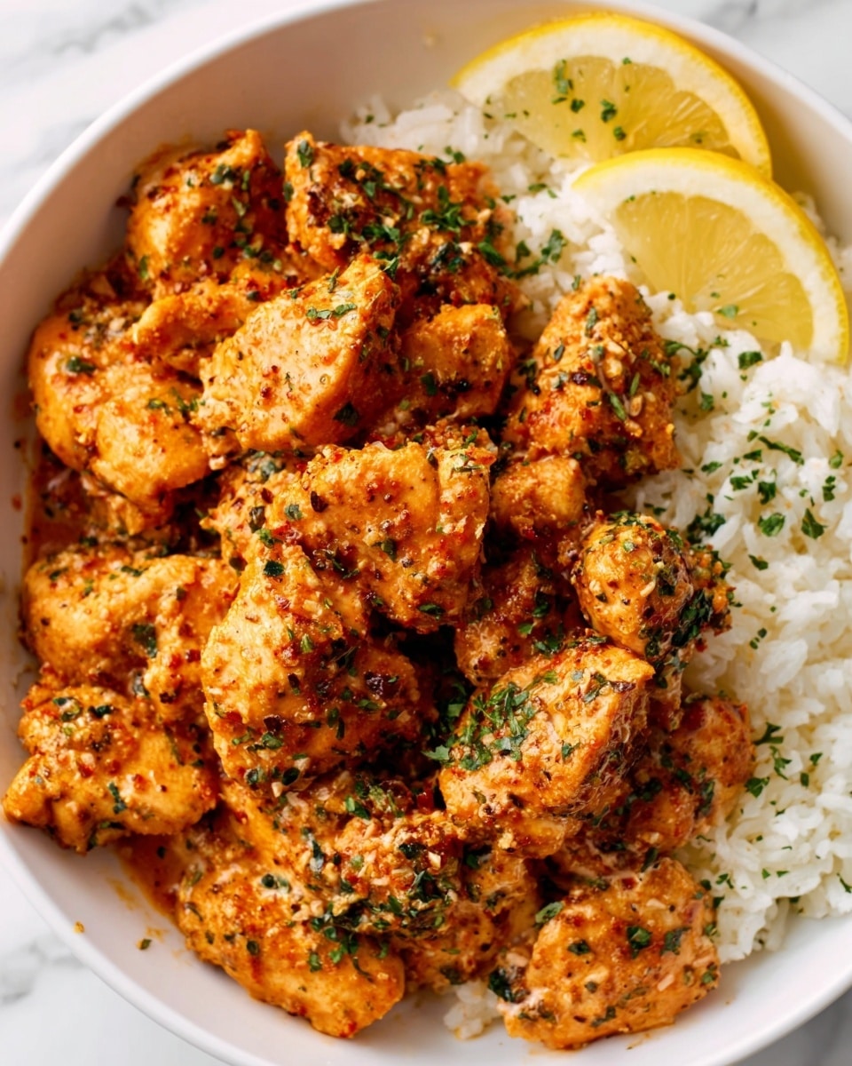 The image shows a close-up of a white plate filled with pieces of cooked chicken coated in a rich, orange-red sauce with visible small herbs and spices sprinkled on top. The chicken pieces are arranged mostly in the center and left side of the plate, with a portion of white rice taking up the right side. Two thin lemon slices rest on top of the chicken pieces near the right edge of the plate, adding a fresh contrast. The textures highlight the tender chicken with a slightly crispy sauce coating and soft, fluffy rice grains. The background is a white marbled texture that enhances the colors of the food. Photo taken with an iphone --ar 4:5 --v 7