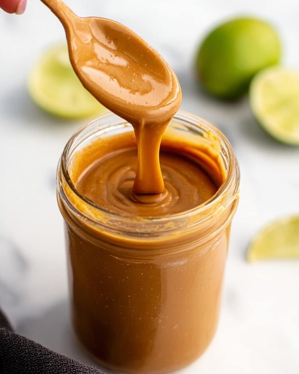 A clear glass jar filled with a smooth, thick, brown sauce sits on a white marbled surface. A silver spoon with a simple swirl design rests inside the jar, partially covered in the sauce. Around the jar, there are three lime wedges showing their bright green skin and juicy light green flesh. A black and white striped cloth is draped next to the jar, adding texture to the scene. The lighting highlights the glossy texture of the sauce. photo taken with an iphone --ar 4:5 --v 7