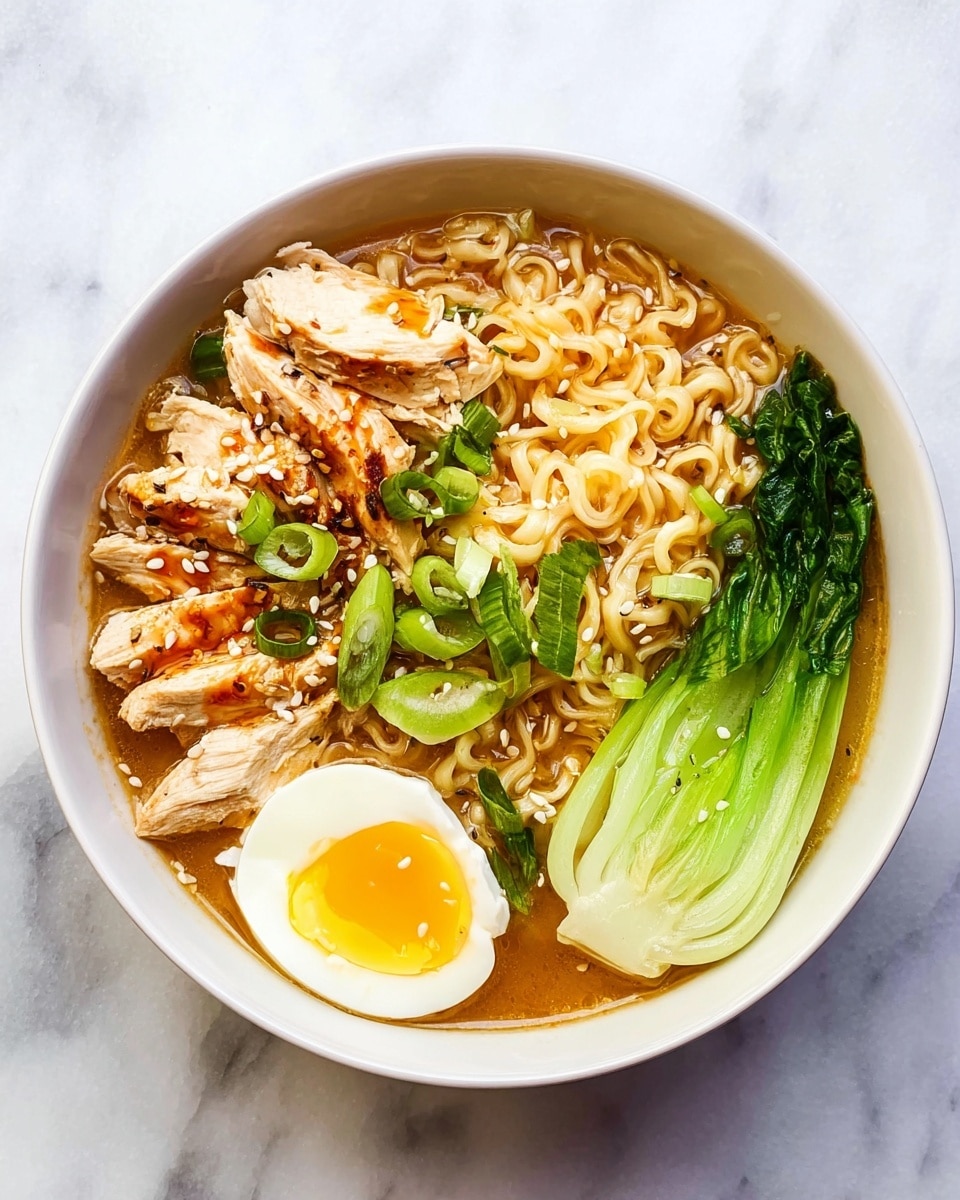 A white bowl filled with ramen noodles in light brown broth. On the left side, there are several pieces of sliced, cooked chicken breast with some sauce on top. In the middle, a pile of curly, yellowish noodles takes up most of the space. To the right, two bright green bok choy leaves rest in the broth. At the bottom right, half a boiled egg with a bright yellow yolk is placed near the edge of the bowl. Green onion slices and sesame seeds are sprinkled on top, adding small pops of color. The bowl sits on a white marbled surface photo taken with an iphone --ar 4:5 --v 7