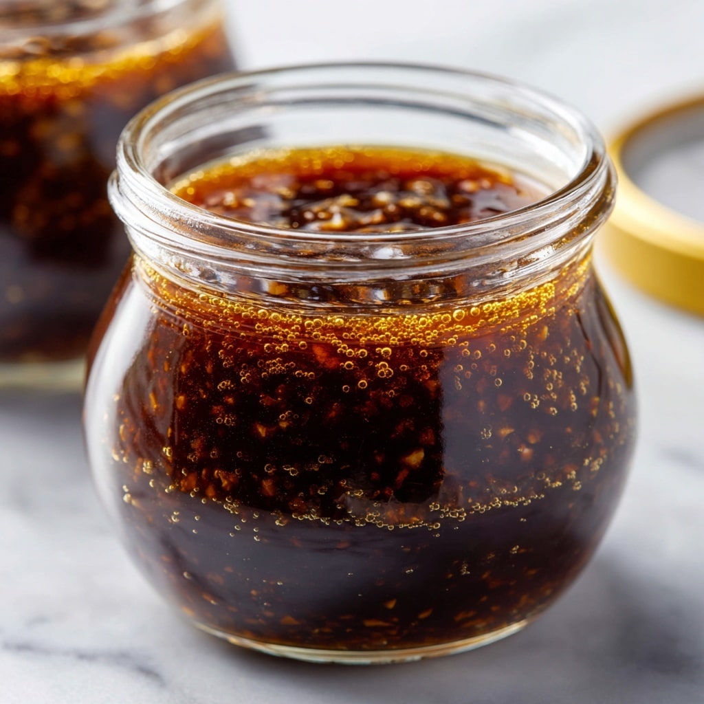 A close-up image of a clear glass jar filled with a dark brown sauce that has small chunks of garlic or similar bits suspended throughout. The surface of the sauce is slightly foamy with bubbles along the edges. The jar sits on a white marbled surface, with a blurred amber-colored jar with a yellow lid visible in the background. The jar’s rim is thick and rounded, and the sauce inside looks rich and textured. photo taken with an iphone --ar 4:5 --v 7