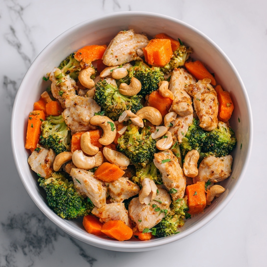 The image shows a close-up of a cooked dish with several layers. The bottom layer consists of orange carrot pieces and green broccoli florets, adding a bright and fresh look. Above this, there are light brown cooked chicken pieces scattered all over, with their texture looking tender and juicy. Mixed in the chicken are light beige cashew nuts with a smooth surface. The food is placed in a white bowl that contrasts with the warm tones of the dish. The background is a white marbled texture, making the colors of the food stand out clearly. Photo taken with an iphone --ar 4:5 --v 7