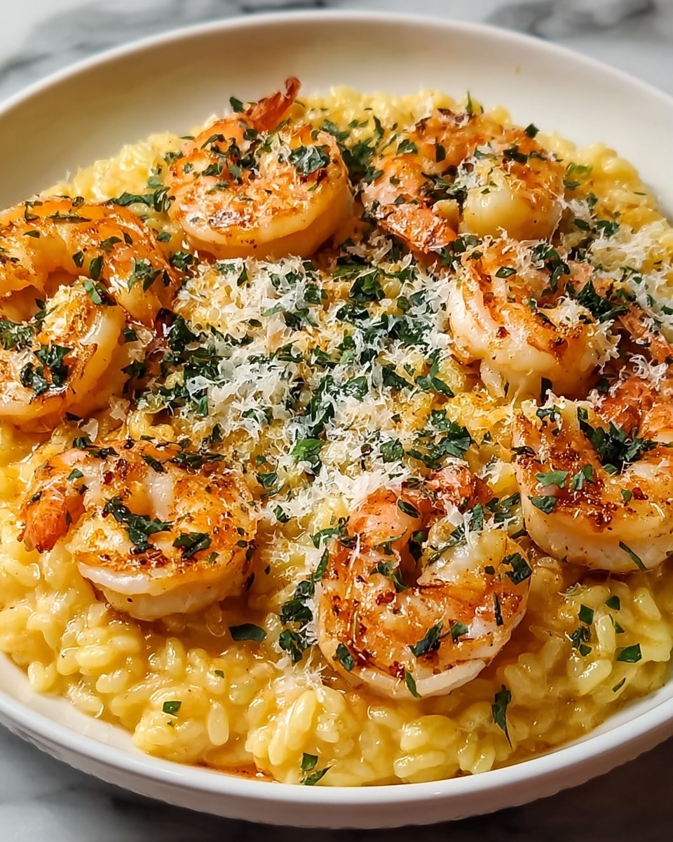 The dish shows a close-up of creamy yellow risotto with a smooth, slightly sticky texture forming the base layer. On top, there is a layer of seven large, curved orange-pink shrimp evenly placed in a circle along the edge of the risotto. The shrimp have a slight char and glossy look with seasoning of small green herb bits scattered over them and the risotto. The topmost layer is sprinkled white crumb-like cheese mixed with additional green herb specks, creating a contrasting texture. Everything is served on a white plate, set against a white marbled surface. photo taken with an iphone --ar 4:5 --v 7