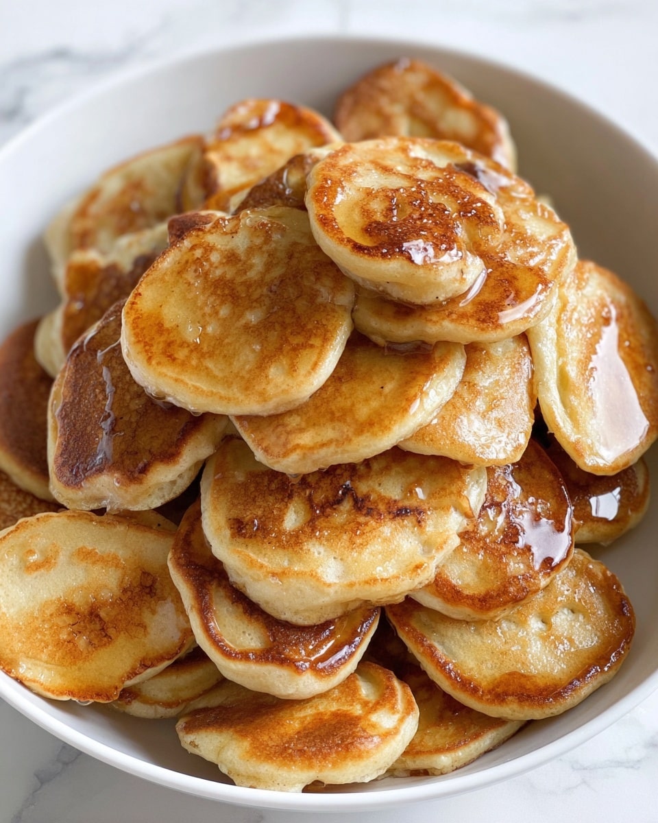 A white bowl is filled with many small, round pancakes that are golden brown with some darker spots, showing a soft and fluffy texture. The pancakes are stacked unevenly, creating several layers, and a golden syrup is being poured over the top, spreading shiny, sticky glistening trails across the pancakes. The background is a white marbled texture. photo taken with an iphone --ar 4:5 --v 7