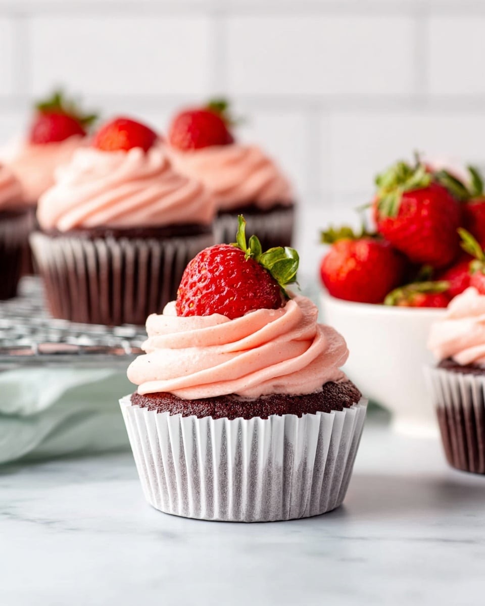 A close-up of a chocolate cupcake with a white paper liner, topped with a thick swirl layer of pink strawberry frosting that looks smooth and creamy, finishing with a fresh red strawberry with green leaves on top; behind it are similar cupcakes with the same frosting placed on a clear glass rack, and to the side is a white bowl filled with fresh red strawberries, all placed on a white marbled texture surface with a blurred white tiled background. Photo taken with an iphone --ar 4:5 --v 7