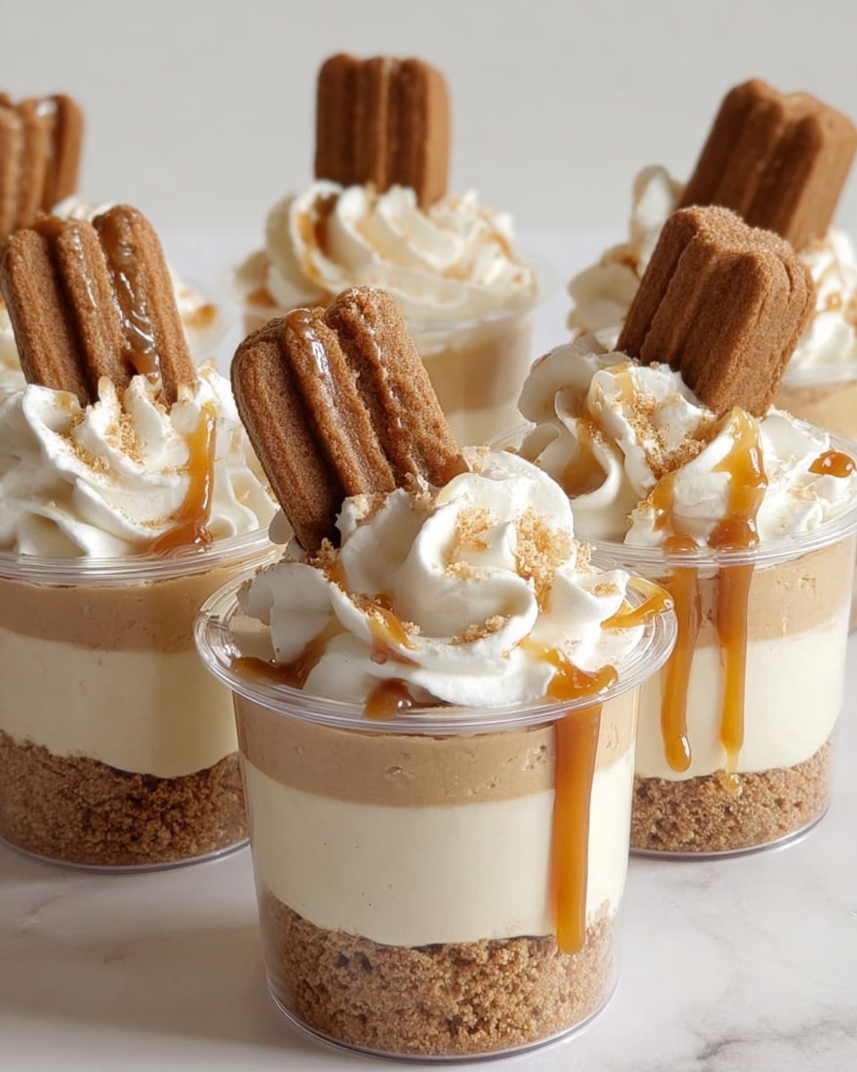 The image shows five clear plastic cups filled with a dessert that has three layers: the bottom layer is a crumbly light brown crust, the middle layer is a smooth, light beige creamy mixture, and the top layer is a thick swirl of white whipped cream. Each dessert cup is topped with a single small brown cookie, standing upright in the whipped cream, drizzled with light brown caramel sauce running down the cookie and over the cream. The cups are arranged closely together on a white marbled surface. photo taken with an iphone --ar 4:5 --v 7