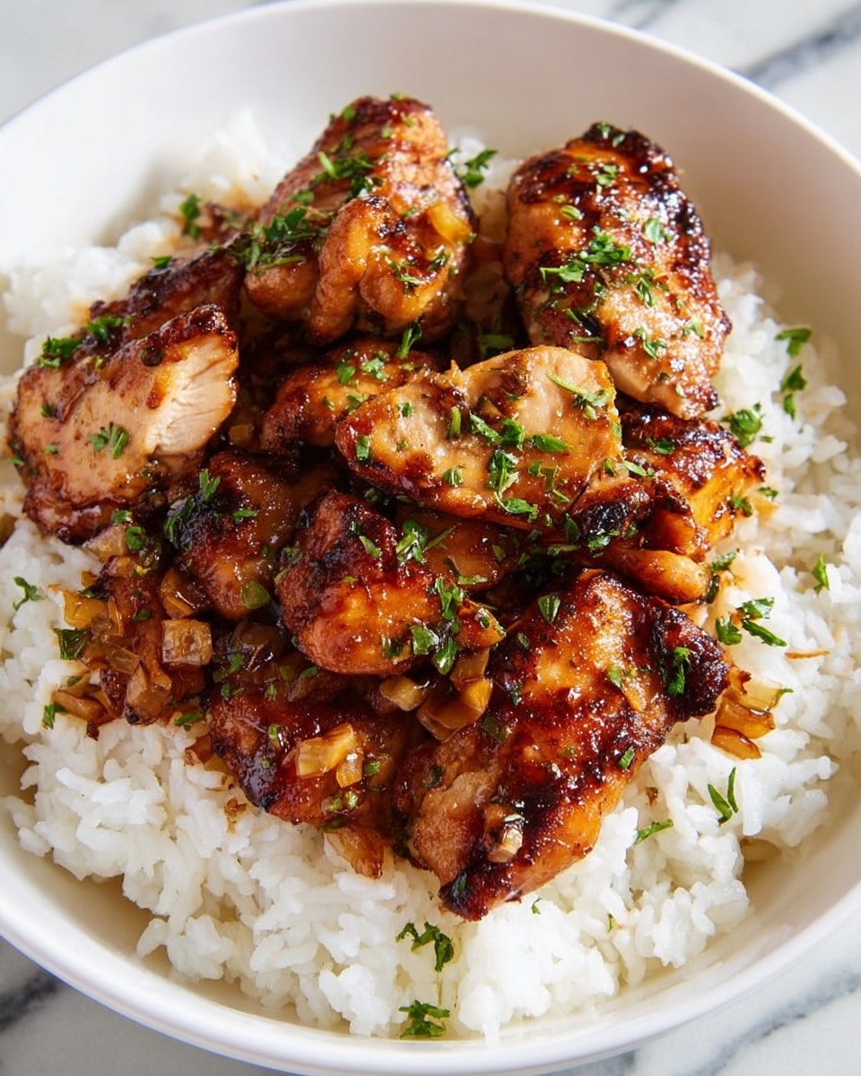 The dish shows two main layers on a white plate with a thin golden rim. The bottom layer is white cooked rice with a soft, slightly sticky texture formed into a bed covering the plate. The top layer consists of several pieces of browned, glazed chicken coated in a thick, shiny dark reddish-brown sauce, sprinkled with small green herbs. There are some golden garlic slices mixed throughout the chicken. The white marbled surface is just visible beneath the plate. photo taken with an iphone --ar 4:5 --v 7