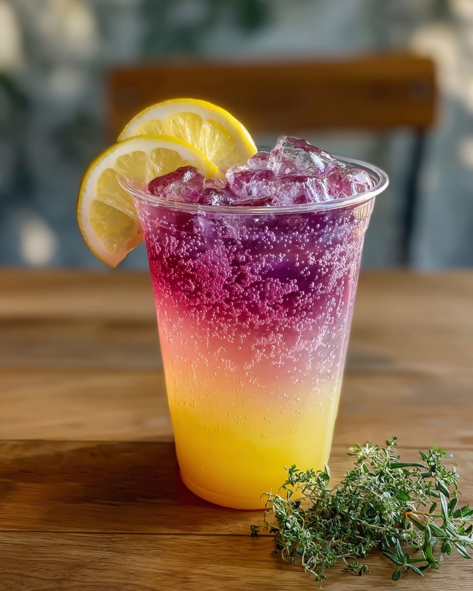 A clear plastic cup contains a three-layered drink placed on a white marbled surface. The bottom layer is a dark purple, followed by a middle layer of light pink with small bubbles rising throughout. The top layer is yellow with crushed ice that sparkles in the light. There is a lemon slice placed inside near the top layer, and the drink is garnished with fresh green mint leaves and small purple flower petals scattered over the ice. The background includes wooden slats and blurred fruits in a basket. Photo taken with an iphone --ar 4:5 --v 7