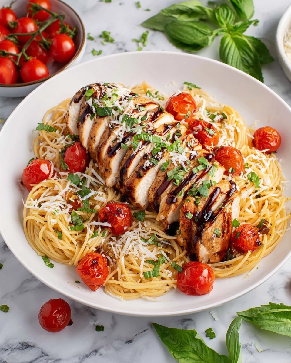 The image shows a white pan filled with a bed of thin, golden spaghetti mixed with halved bright red cherry tomatoes, topped with two sliced, juicy, golden-brown grilled chicken breasts arranged near the center. Fresh green basil leaves are scattered over the dish, along with a light sprinkle of grated white cheese, adding texture and color contrast. Around the pan, on a white marbled surface, are small bowls of whole cherry tomatoes, more grated cheese, and chopped basil. In the upper right corner, a white plate holds two white forks crossed neatly. A black and white patterned cloth is casually placed at the bottom left, and fresh green basil leaves sit at the bottom right, completing the fresh and clean presentation. Photo taken with an iphone --ar 4:5 --v 7