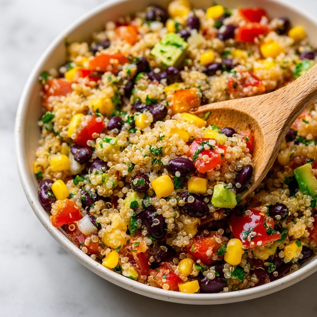 A close-up view of a blue cast iron pan filled with a colorful quinoa salad. The dish has three main visual layers: the base of tiny, round, cooked quinoa grains in a light orange color; scattered black beans throughout the mix adding dark, oval shapes; and bright chunks of yellow corn, green avocado, and red tomato pieces evenly spread on top. The texture looks slightly moist and soft, with some small green herbs mixed in. The pan is placed on a white marbled surface, and the overall image is bright and clear. photo taken with an iphone --ar 4:5 --v 7