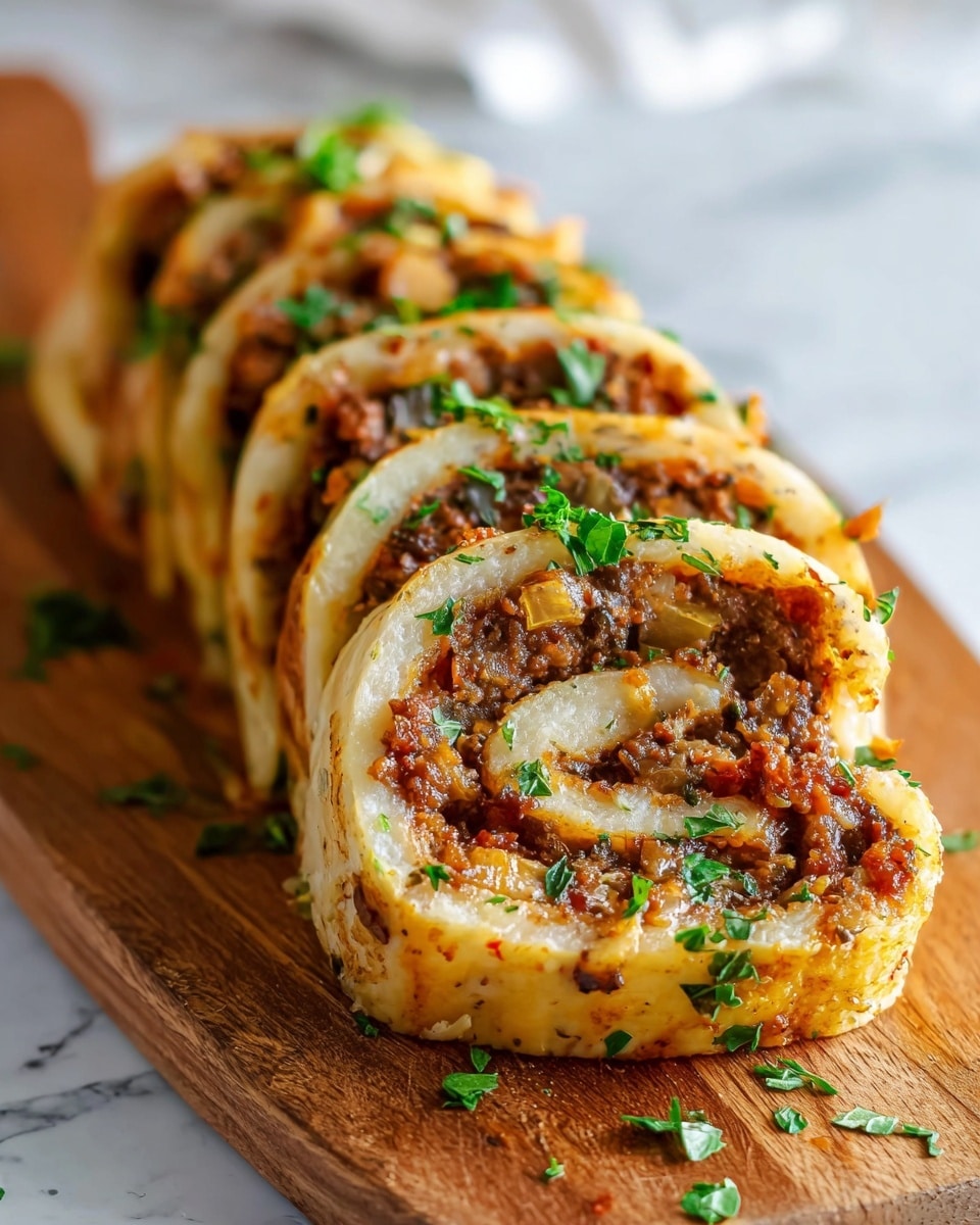 The image shows a sliced roll with multiple pieces arranged in a line on a wooden cutting board. Each piece has a spiral shape with two main layers: the outer layer is a golden-brown baked dough with a smooth texture, while the inner layer is a rich, crumbly meat filling in brown color, mixed with small bits of sauce and herbs. The top of each slice is sprinkled with fresh green herbs, adding a pop of color to the warm, earthy tones of the dish. The background has a white marbled texture, creating a clean and bright contrast to the food. photo taken with an iphone --ar 4:5 --v 7