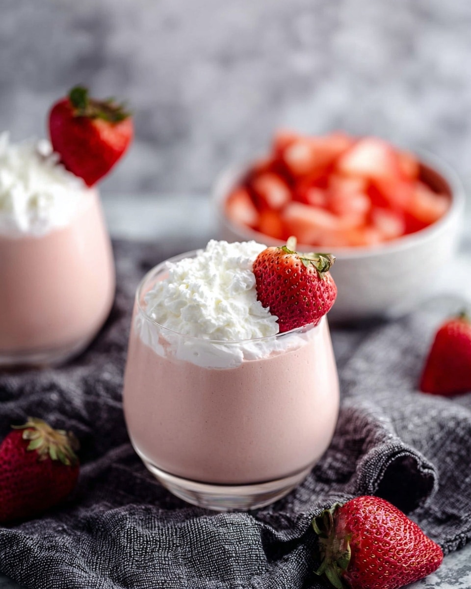 The image shows a creamy pink strawberry mousse served in a clear glass with two layers: a smooth pink mousse base topped with a fluffy white whipped cream layer, crowned by a fresh whole strawberry placed on the rim of the glass. In the background, there is another glass with the same mousse and whipped cream, alongside a white bowl filled with bright red fresh strawberry pieces. The setting rests on a dark gray textured cloth over a white marbled surface, giving a soft and inviting feel. Photo taken with an iphone --ar 4:5 --v 7