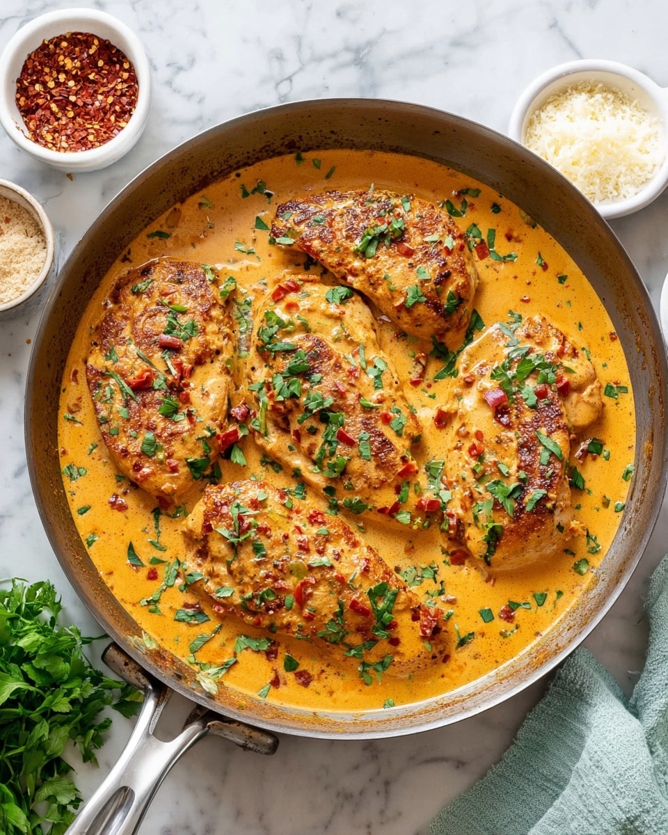 The image shows a pan with four pieces of browned chicken breasts sitting in a thick, creamy orange sauce speckled with small red pieces and black pepper. The sauce has a smooth texture and is generously coating each chicken piece. Finely chopped green herbs are sprinkled over the chicken and sauce, adding a fresh contrast to the warm colors. The pan is set on a white marbled surface, with small white bowls containing red flakes and grated cheese nearby. Photo taken with an iphone --ar 4:5 --v 7