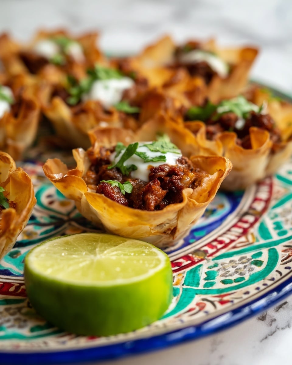 The image shows several small cups made from crispy, golden-brown filo dough with slightly burnt edges, each filled with a layer of chunky, dark brown cooked meat mixed with reddish sauce, topped with a small dollop of white cream and garnished with bright green chopped herbs. The cups are closely placed on a patterned white plate with red, black, and green decorative designs. A wedge of light yellow lemon with some green leaves is placed among the cups. The background is a white marbled surface. photo taken with an iphone --ar 4:5 --v 7