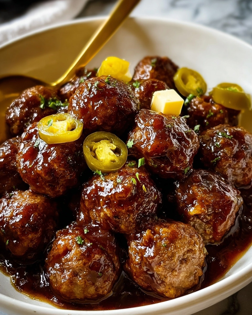 This image shows a white bowl filled with about 15 small, round meatballs covered in a shiny, dark brown sauce. The meatballs have a bumpy texture and look juicy. On top of the meatballs, there are several slices of green jalapeño peppers and a small cube of light yellow butter adding a pop of color. The sauce pools slightly at the bottom of the bowl, giving the dish a glossy and rich appearance. A gold spoon is partially visible inside the bowl, resting on the right side. The background is a white marbled texture photo taken with an iphone --ar 4:5 --v 7