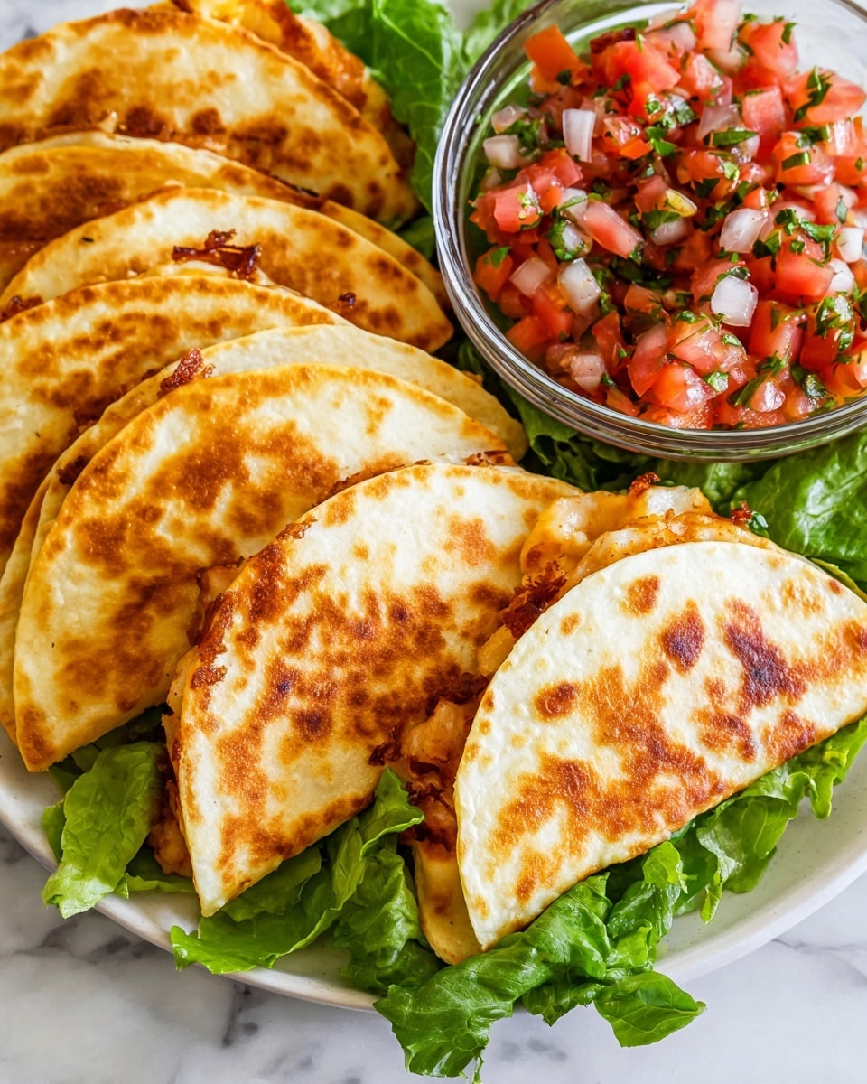 The image shows a plate full of golden brown, crispy quesadillas folded in half with visible filling peeking out, placed on a bed of fresh green lettuce leaves. The quesadilla dough is lightly toasted with uneven, browned spots giving it a homemade feel. Next to the quesadillas is a clear glass bowl filled with a chunky, colorful salsa made of diced red tomatoes, white onions, and green herbs, adding a fresh and vibrant contrast. The plate is white and the whole scene is set on a white marbled surface, adding a clean and bright look to the image. Photo taken with an iphone --ar 4:5 --v 7
