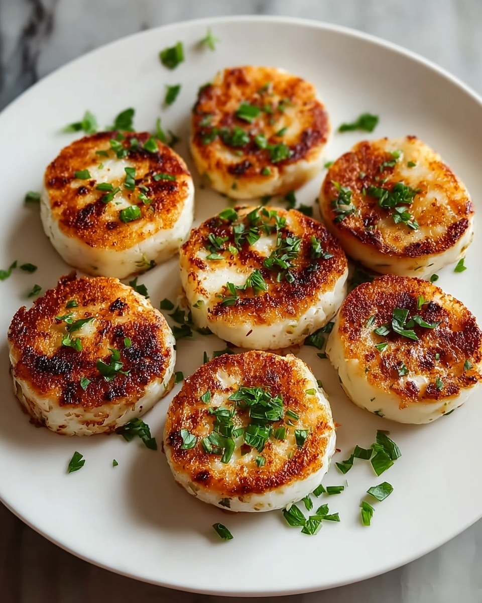 The image shows five round pieces of food that look like baked or grilled egg cups on a white plate. Each piece has a white base with a golden-brown crust on top and sides, showing some charred spots from cooking. The tops have a slightly melted, orange-yellow layer with bright green chopped herbs sprinkled over them. The texture on the top layer is uneven, slightly crispy, and glossy, while the base appears soft and smooth. The plate rests on a white marbled surface with some scattered green herbs around it, giving a fresh and appetizing look. Photo taken with an iphone --ar 4:5 --v 7