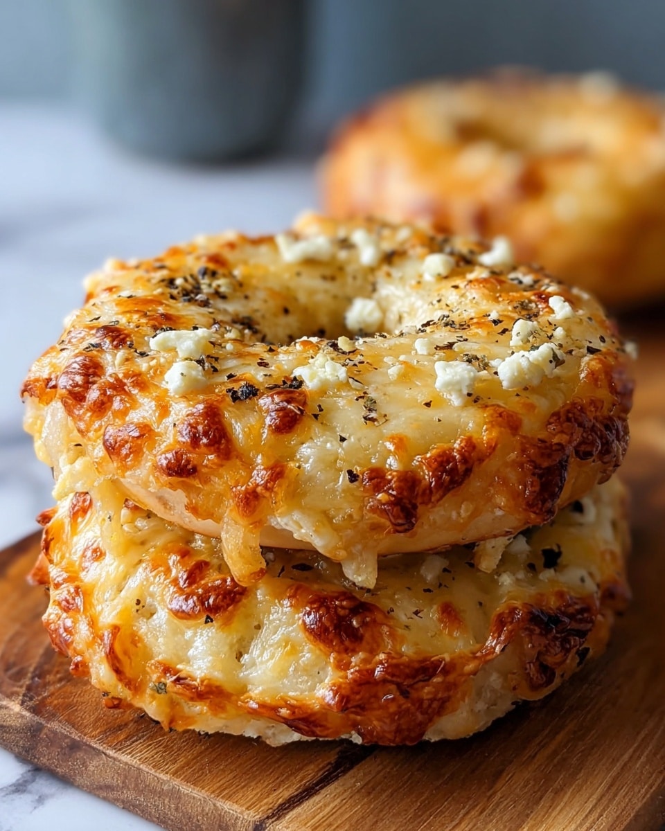 The image shows close-up of baked cheese bagels placed on a wooden board. Each bagel has two main layers: the bottom layer is a soft, light cream color bagel dough with a smooth texture, and the top layer is melted golden brown cheese with bubbly and slightly crispy edges. There are small black poppy seeds sprinkled over the cheese, adding detail and contrast. The cheese layer is uneven with some parts puffed and browned more than others, giving a rich texture. Photo taken with an iphone --ar 4:5 --v 7