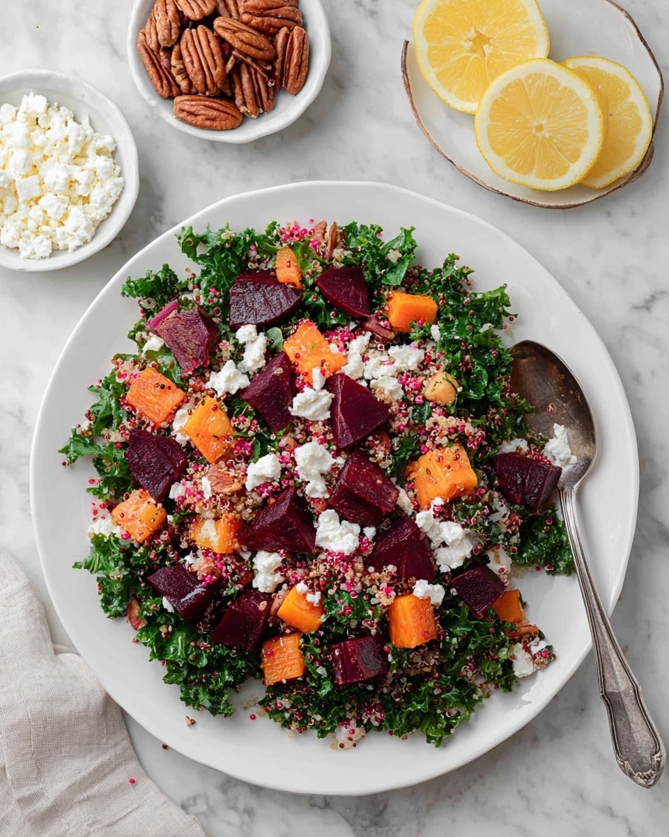 A white round plate holds a colorful salad with three main layers: the bottom layer is dark green kale leaves finely chopped, the middle layer features bright orange cubes of roasted sweet potatoes and deep red chunks of roasted beets, and the top layer is sprinkled with small white crumbles of cheese and scattered light brown pecan pieces, with tiny red quinoa grains dotted throughout. Two ornate silver spoons rest in the salad near the bottom left and right edges of the plate. Around the plate, there is a white marbled surface with a small bowl of crumbled white cheese in the upper left and another small bowl of pecans nearby, as well as two lemon halves in the lower right corner. photo taken with an iphone --ar 4:5 --v 7