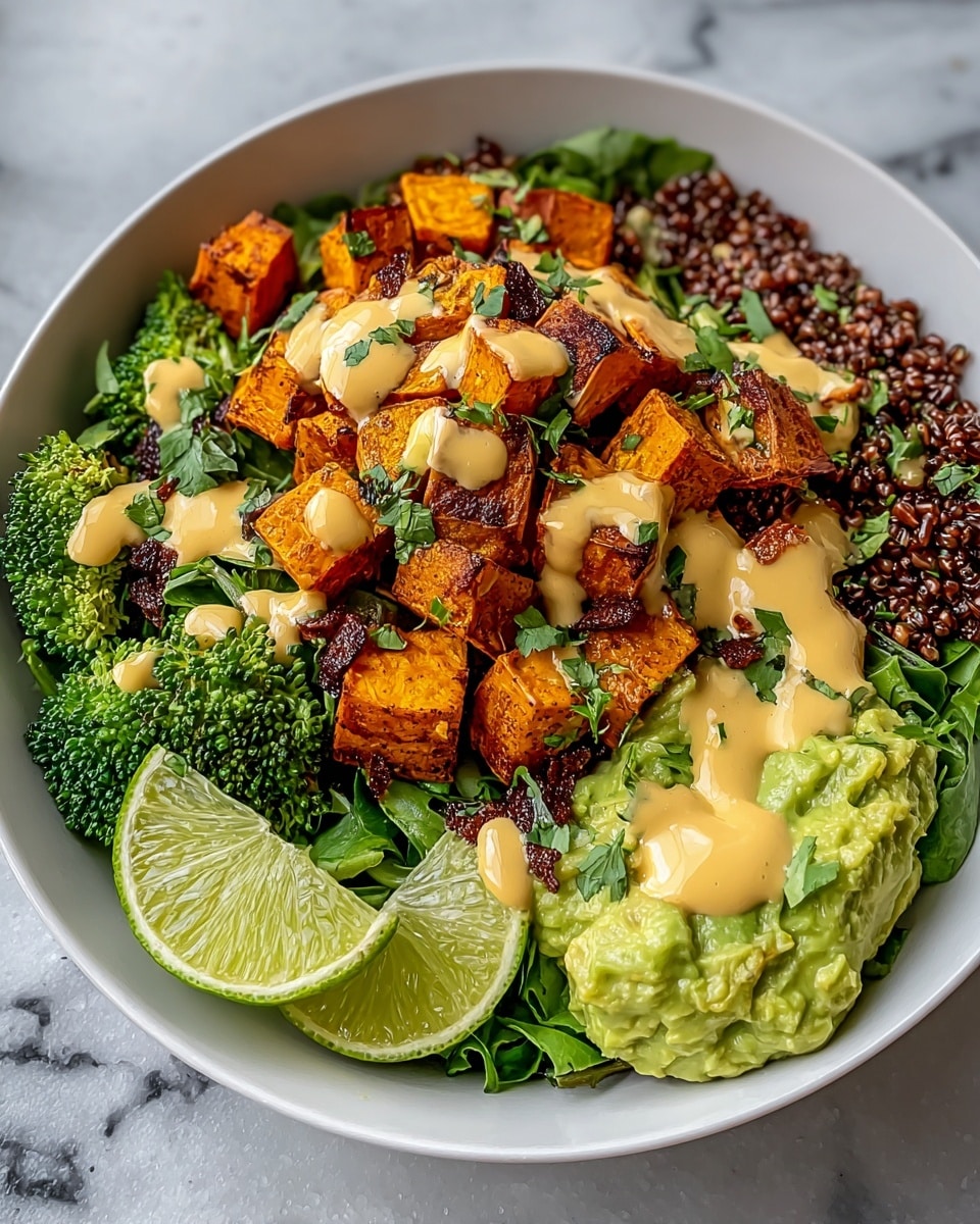 A white bowl holds a colorful dish with several layers. At the bottom, there is a base of green leafy vegetables. On top, there are roasted, dark-edged orange sweet potato cubes spread mainly in the middle. There is a drizzle of thick, creamy light brown sauce covering the sweet potatoes. Small fresh green cilantro leaves are sprinkled over the sauce and vegetables. On one side, there is bright green broccoli, creamy green avocado chunks, and two slices of light green lime resting on the edge of the bowl. The bowl sits on a white marbled surface. photo taken with an iphone --ar 4:5 --v 7