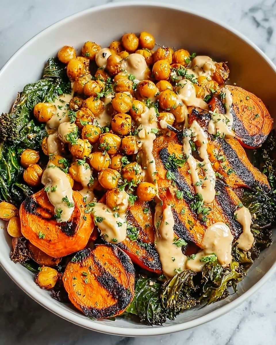 A white bowl filled with three main layers: at the bottom, bright orange grilled carrot slices with visible char marks, on top and around the carrots, round and shiny golden chickpeas, and on one side, a layer of chopped dark green kale. The whole dish is drizzled with a creamy light beige sauce and sprinkled with chopped fresh green herbs. The bowl is placed on a white marbled surface. photo taken with an iphone --ar 4:5 --v 7