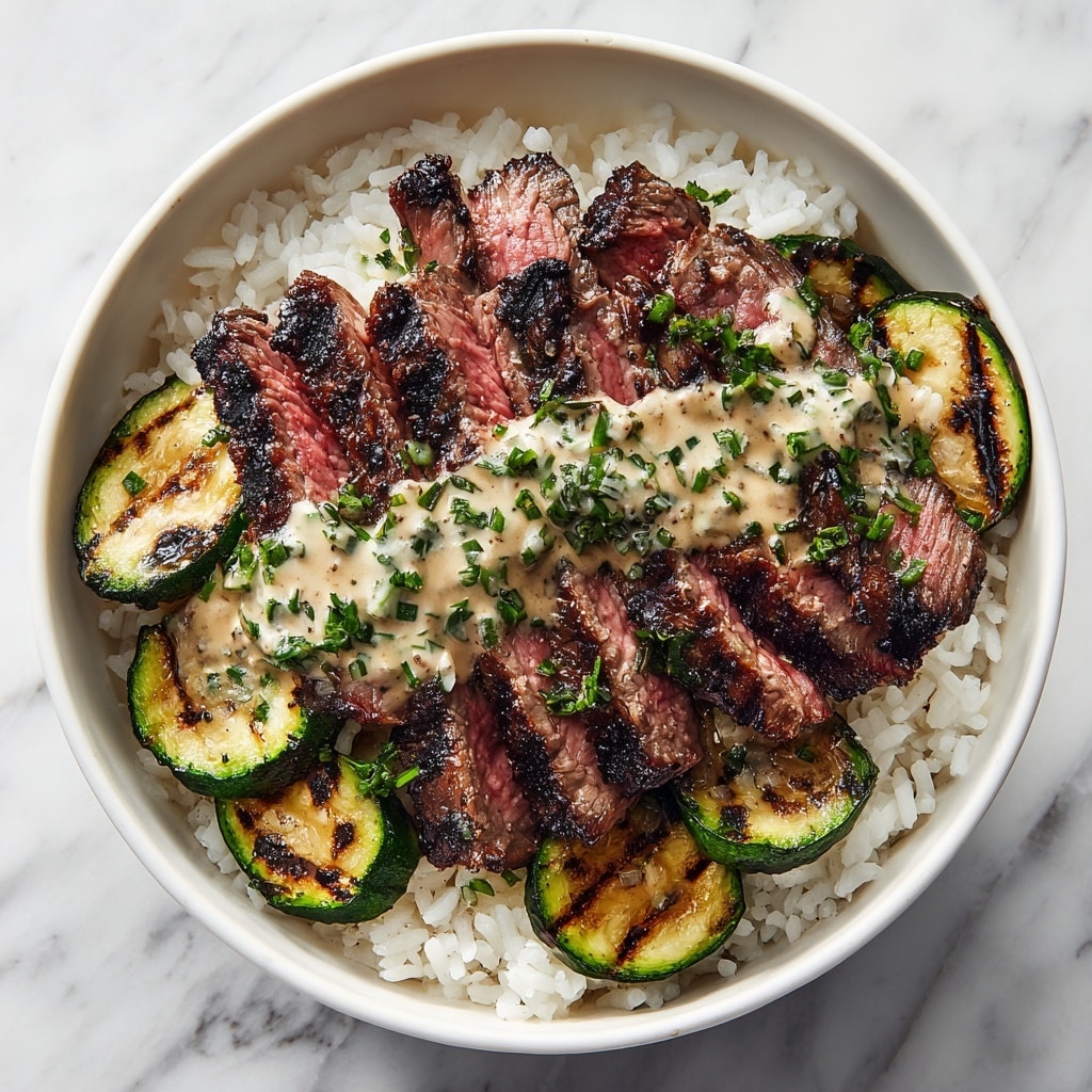 A white bowl filled with a base layer of white rice with a soft texture, topped with a layer of grilled zucchini slices that are green with dark brown grill marks, arranged around the edges. On one side, there are several slices of medium-rare steak showing a reddish-pink center and charred dark brown edges. A creamy, light yellow sauce with green herbs is drizzled over the steak, adding a smooth texture and color contrast. The bowl is set against a white marbled surface. photo taken with an iphone --ar 4:5 --v 7