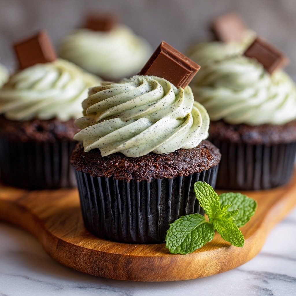 A dark chocolate cupcake in a black wrapper sits on a round wooden board atop a white marbled surface. The cupcake has one layer of dark brown cake with a large swirl of light greenish-gray creamy frosting flecked with tiny dark specks, crowned with a small square of milk chocolate planted at the top right side. In front of the cupcake on the board, there are two fresh, bright green mint leaves with detailed veins. Several similar cupcakes are blurred in the background. photo taken with an iphone --ar 4:5 --v 7