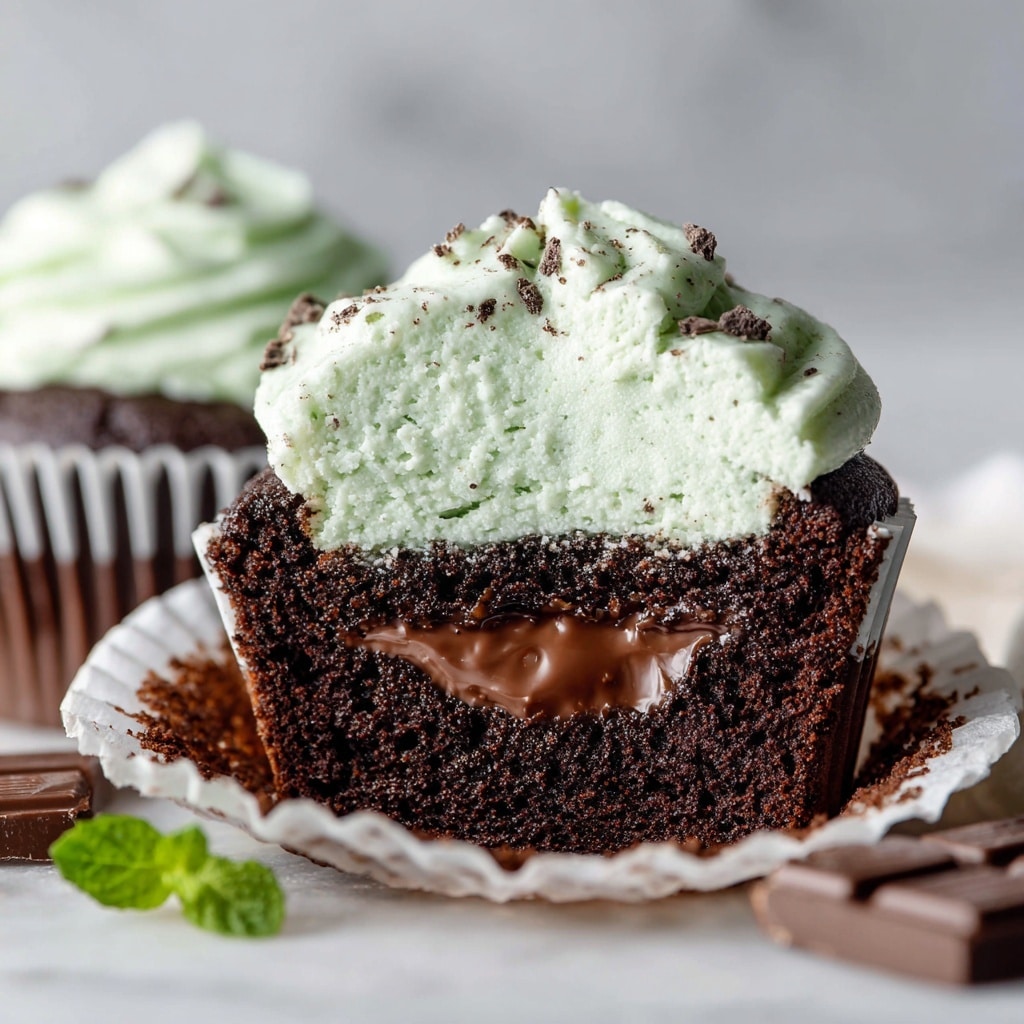 The image shows a close-up of a chocolate cupcake cut in half on a crinkled white cupcake liner resting on a white marbled surface. The cupcake has two main layers: a dark, moist chocolate cake base with a soft, glossy chocolate filling in the center, and a thick, light green whipped frosting speckled with small dark bits on top. The frosting is textured with gentle peaks, giving it a fluffy look, while the chocolate inside looks smooth and melted. A small part of a chocolate bar and a green mint leaf are slightly visible in the background. photo taken with an iphone --ar 4:5 --v 7