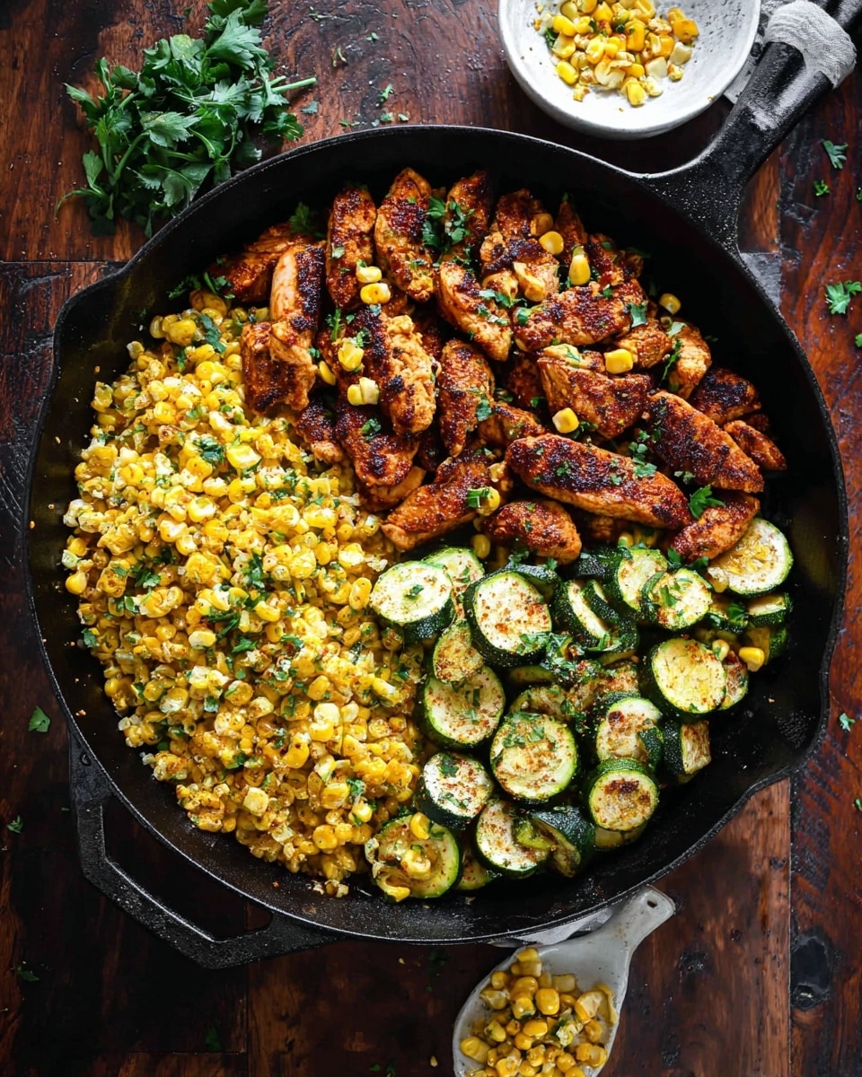 A large black cast iron pan is filled with three main sections of food on a dark wooden surface replaced by a white marbled texture. On the top right, several pieces of browned grilled chicken strips are scattered and sprinkled with small golden yellow corn kernels and chopped green herbs. Below the chicken on the right side, there is a pile of grilled zucchini slices, showing a mix of light green and dark green colors with brown grill marks. On the left side, a heap of cooked yellow corn kernels with bits of herbs and spices adds a textured and colorful contrast. Around the pan, a white small dish with corn kernels and some parsley leaves are visible. photo taken with an iphone --ar 4:5 --v 7