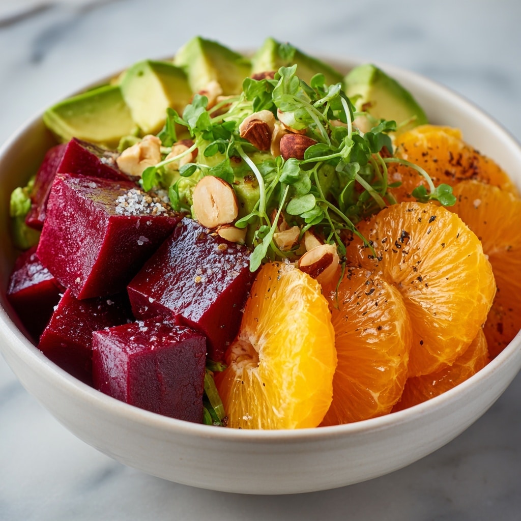 A white bowl contains a fresh salad with three main layers: the bottom layer has dark red beet cubes with a shiny, smooth texture; the middle layer shows light green avocado slices and small chopped pieces with a soft, creamy look; the top layer includes bright orange mandarin slices arranged around the edges, scattered small brown hazelnuts, and green leafy microgreens sprinkled over everything. The salad is lightly seasoned with coarse salt and cracked black pepper. This bowl sits on a white marbled surface with a soft, natural light enhancing the colors. photo taken with an iphone --ar 4:5 --v 7