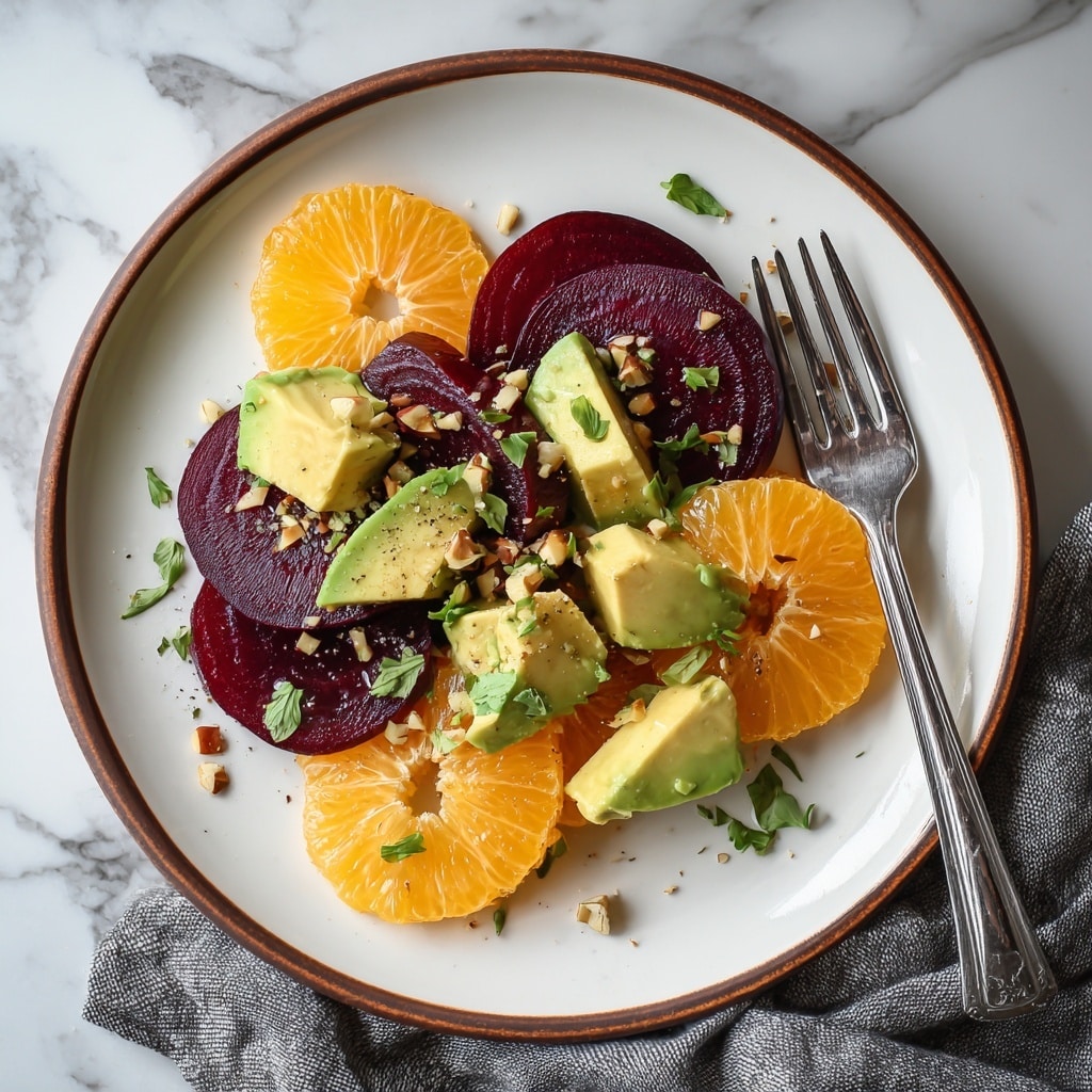 A white plate with a brown rim holds a colorful salad arranged in layers. The bottom layer is dark purple beet slices with a smooth, slightly shiny texture. Next are bright orange mandarin segments placed on top and around the beets. On top of this are light green avocado chunks with a soft texture scattered evenly. Small green leaves and herbs are sprinkled over everything, adding freshness. Tiny chopped nuts are spread on top, adding a crunchy texture. A silver fork rests on the right side of the plate. The plate sits on a white marbled surface with a gray cloth nearby. Photo taken with an iphone --ar 4:5 --v 7