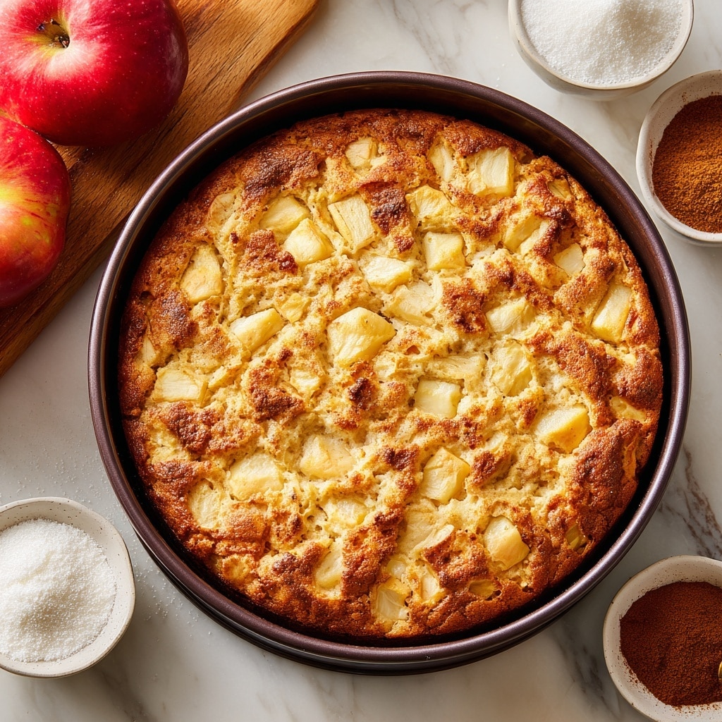 A round apple cake sits on a white marbled surface, showing a golden-brown top with visible chunks of baked apple pieces embedded throughout. A woman's hand holds a small metal sieve with a red handle above the cake, sprinkling fine white powdered sugar that gently falls onto the cake’s uneven textured surface. In the background, two apples and a black container with more powdered sugar add context to the scene. Photo taken with an iphone --ar 4:5 --v 7