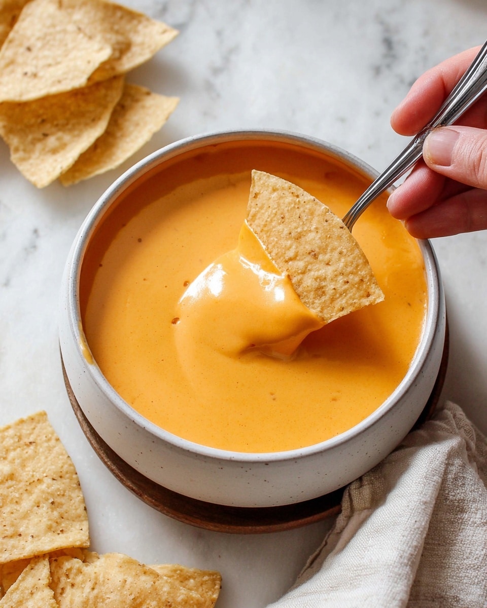 A close-up view of a smooth, creamy orange cheese dip filling a round white bowl, with a silver spoon resting inside it on the right side. A tortilla chip is dipped halfway into the cheese dip, covered in a thick layer of the vibrant orange sauce, held by a person's fingers visible on the left side. Some plain tortilla chips lie scattered in the lower left corner on a white marbled surface. A light-colored cloth napkin is placed to the right of the bowl next to it. Photo taken with an iphone --ar 4:5 --v 7