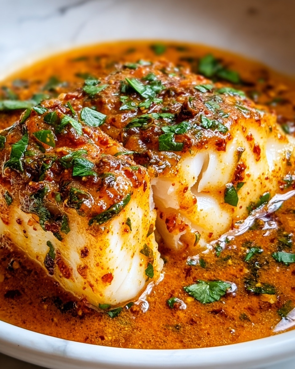 A white bowl holds a piece of cooked white fish with a golden-brown spicy sauce on top and around it, the sauce is thick with a reddish-orange color and is speckled with herbs. Bright green chopped herbs are sprinkled over the fish and sauce, adding contrast. The fish is flaky and moist, with layers visible where it is slightly broken open. The edges of the bowl show the sauce pooling, and the surface beneath the bowl is a white marbled texture. photo taken with an iphone --ar 4:5 --v 7