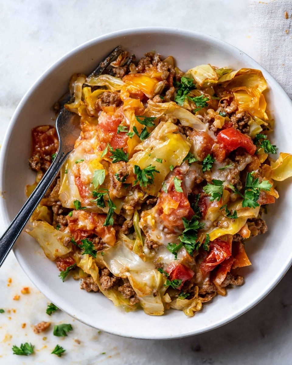 A white bowl filled with a colorful mix of cooked cabbage pieces, browned ground meat, diced yellow and red bell peppers, and chunks of red tomato, all covered in melted, gooey cheese with some melted cheese strings showing. The ingredients are well mixed, with vibrant green parsley leaves scattered on top for garnish. A silver fork rests inside the bowl, positioned on the left side with some food pierced on it. The bowl sits on a white marbled surface with small bits of food nearby. photo taken with an iphone --ar 4:5 --v 7