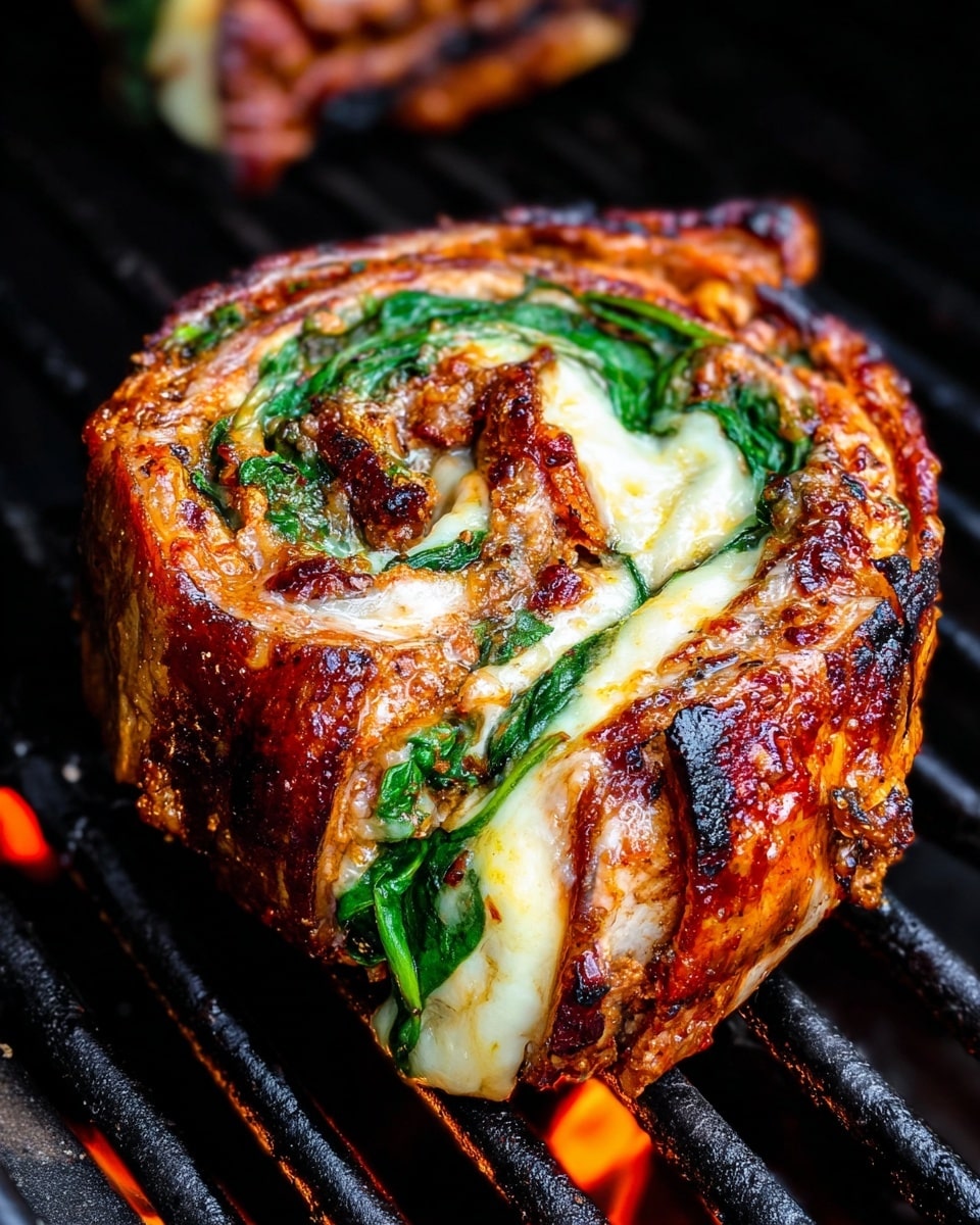 A close-up view of a grilled roll with multiple layers, starting with a golden-brown crispy outer layer that has charred edges and a slightly wrinkled texture. Inside, there are visible layers of melted creamy cheese that is oozing out, and bright green spinach leaves adding a fresh contrast. The roll is placed on black grill bars with glowing orange flames beneath, giving a smoky and warm atmosphere. The surface around is a white marbled texture. photo taken with an iphone --ar 4:5 --v 7