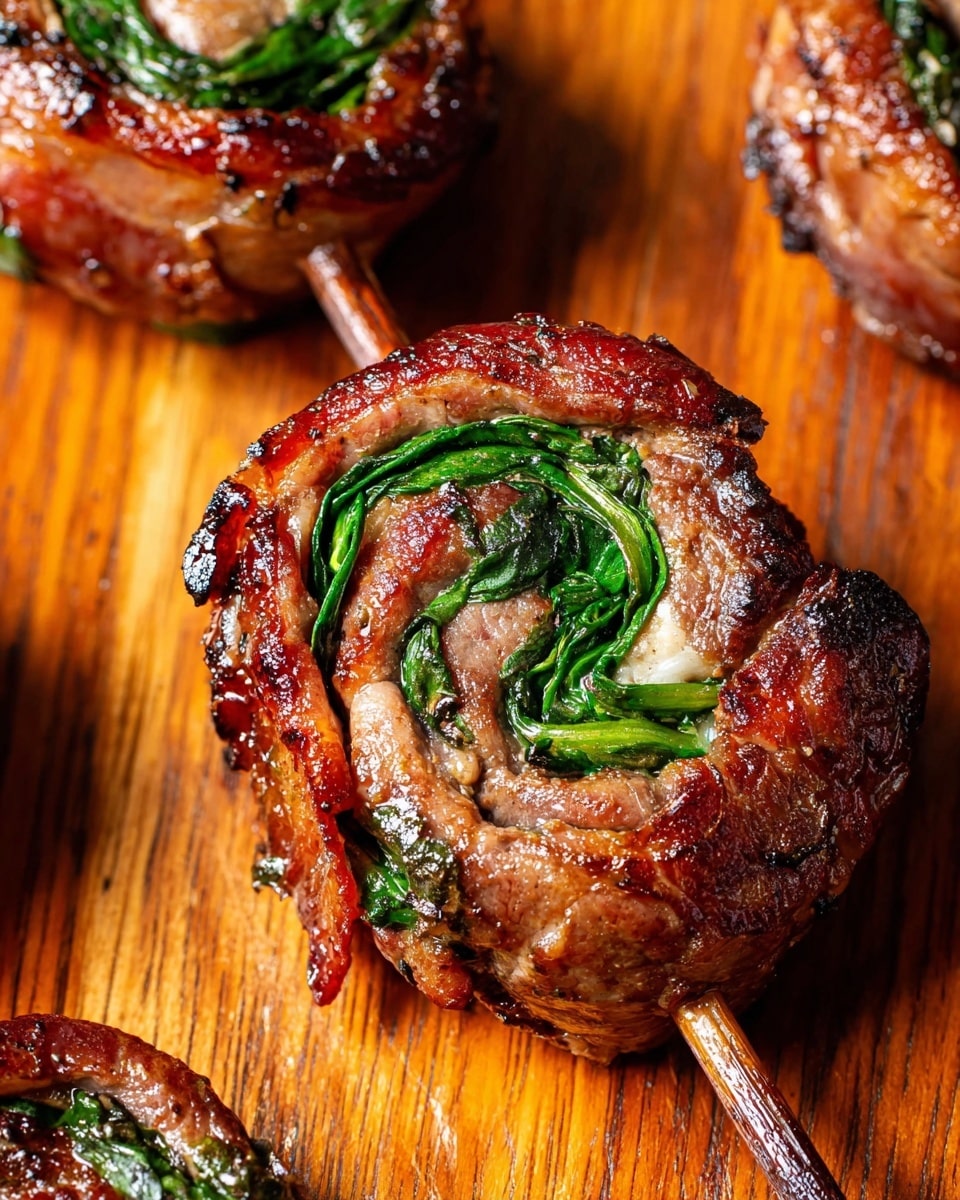 A close-up of a spiral-shaped skewer of grilled meat rolled with visible green spinach leaves inside, the meat is richly browned with crispy edges, showing a juicy texture and slight char marks, the skewer is placed on a wooden board with a warm, natural brown color and visible grain patterns, with parts of other similar skewers partially visible around the main skewer in the center. photo taken with an iphone --ar 4:5 --v 7