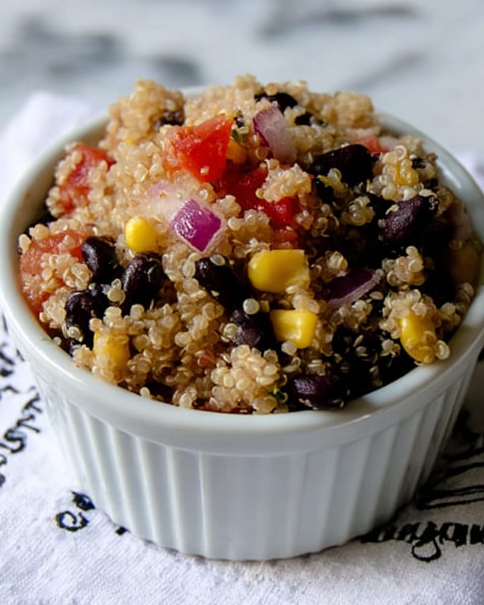 A close-up view of a white ceramic bowl filled with three visible layers of quinoa salad. The top layer is light beige, fluffy quinoa grains. Below that are pieces of bright red tomato chunks. The middle and bottom layers consist of black beans, light yellow corn kernels, and small pieces of purple-red onion. The bowl is set on a white marbled surface. photo taken with an iphone --ar 4:5 --v 7