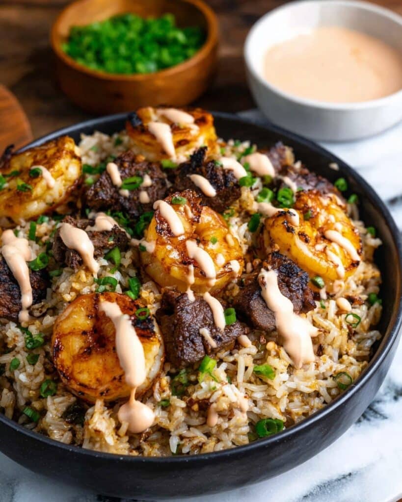 Steak and Shrimp Fried Rice with Cajun Spices and Homemade Yum Yum Sauce Recipe
