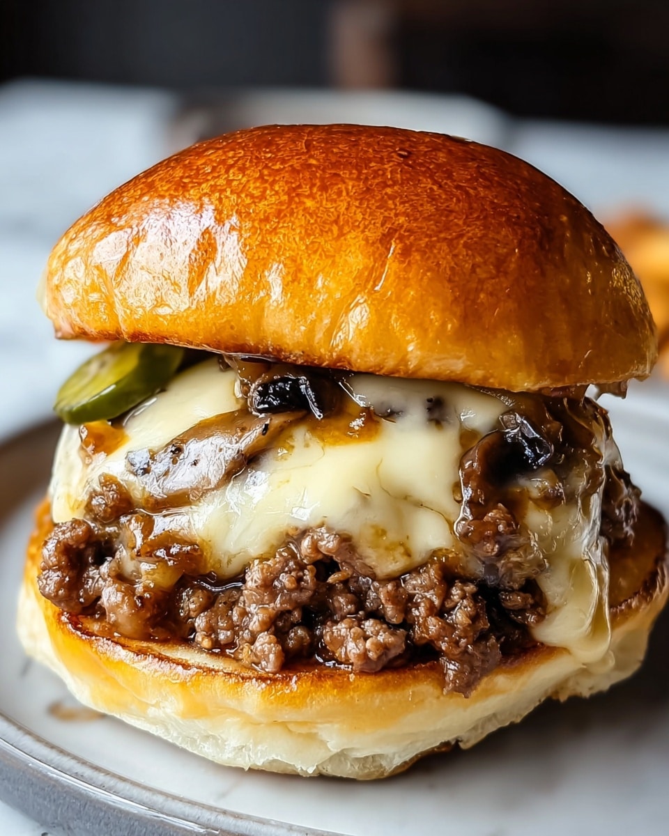 A close-up view of a juicy cheeseburger with a shiny, golden brown top bun. Below the bun, there is a layer of melted cheese mixed with sautéed onions and mushrooms, creating a creamy, glossy texture. Under that is a thick layer of cooked ground beef that looks tender and juicy with a rich brown color and slight grease shine. There is also a small slice of green pickle peeking from the side. The bottom bun is white and toasted with a slight golden crust. The sandwich sits on a white plate with a white marbled surface in the background. Photo taken with an iphone --ar 4:5 --v 7