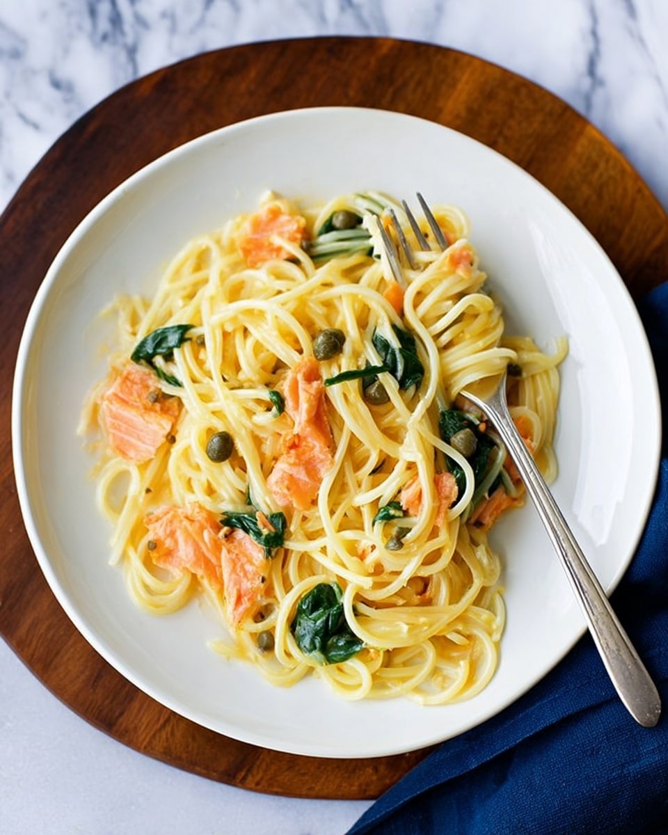 A white bowl filled with spaghetti noodles twisted neatly into small piles, mixed with thin strips of orange smoked salmon and scattered light green chopped herbs. The noodles are pale yellow and smooth, with the salmon adding a soft, slightly shiny texture. There are small bits of dark green herbs sprinkled evenly on top, and the bowl is placed on a white marbled surface, with a white fork lying next to it. Photo taken with an iphone --ar 4:5 --v 7