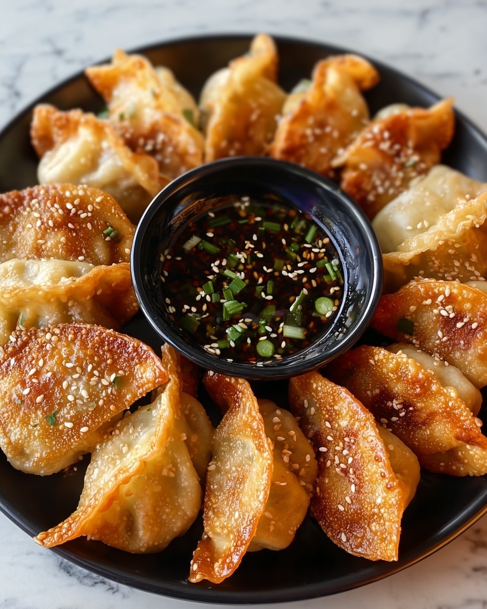 The image shows a black round plate filled with about ten golden brown fried dumplings arranged in a circle. Each dumpling is crisp with a bumpy texture and has varying shades of golden and light brown with some sesame seeds sprinkled on top. In the center of the plate, there is a small black cup containing dark soy sauce-like dip with visible green bits and white sesame seeds floating on it. The whole setup is placed on a white marbled surface. photo taken with an iphone --ar 4:5 --v 7