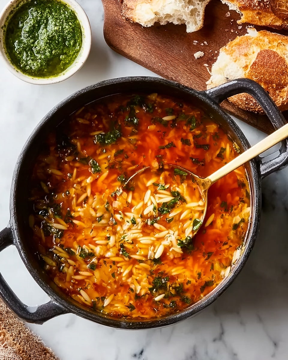 A dark pot filled with a warm soup showing an orange clear broth with visible white orzo pasta and chunks of white chicken. The soup is garnished with small bits of green herbs scattered throughout. A golden spoon is inside the pot scooping some chicken and pasta, adding shine to the scene. Behind the pot are pieces of crusty light brown bread and a small white bowl with bright green pesto sauce. The setup is on a dark grey cloth over a white marbled texture, creating a cozy and inviting meal look. photo taken with an iphone --ar 4:5 --v 7
