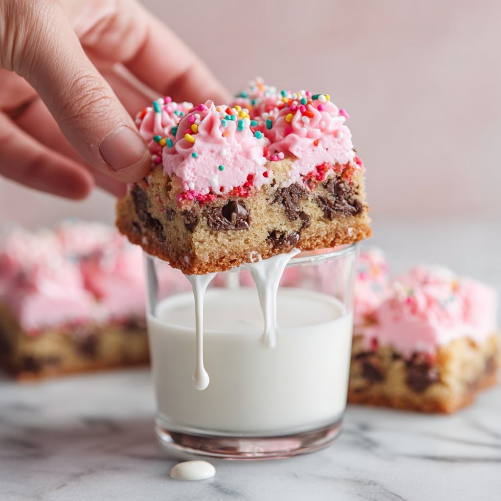 A woman's hand is holding a cookie bar with two main layers; the bottom layer is a thick chocolate chip cookie with visible chocolate chunks and red sprinkles inside, and the top layer consists of pink piped frosting dollops with some colorful sprinkles on top. The cookie bar is being dipped into a clear glass filled about three-quarters with white milk, with a drop of milk dripping from the cookie bar. The background has a soft focus of more cookie bars lying on a white marbled texture. Photo taken with an iphone --ar 4:5 --v 7