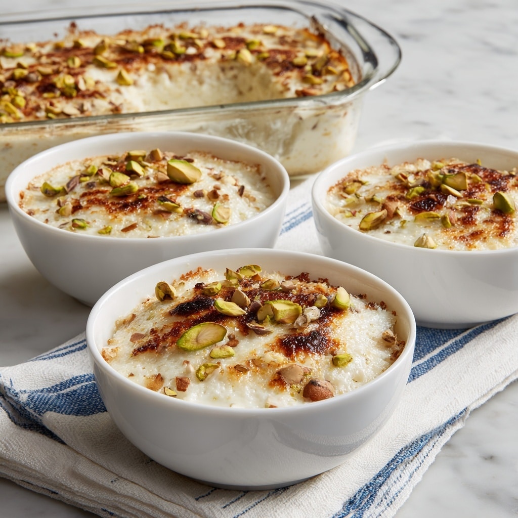 The image shows three white bowls filled with a creamy dish that has a slightly golden top layer, likely from baking. The dish has a thick white creamy base visible beneath a browned, bubbly surface. On top, there are scattered nuts including green pistachios and brown almonds, adding texture and color contrast. Behind the bowls, there is a clear glass baking dish with the same baked creamy dish visible, showing a slightly browned crust and some nuts inside. The setup is on a white marbled surface with a white cloth featuring thin blue stripes partially under the dishes. photo taken with an iphone --ar 4:5 --v 7