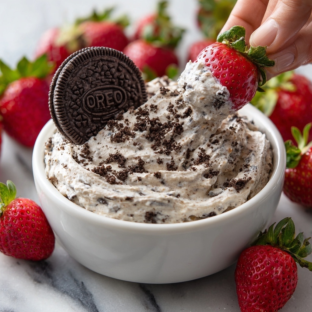 A white bowl filled with fluffy cream mixed with small dark cookie pieces, giving it a textured, speckled look, topped with one whole dark chocolate sandwich cookie slightly pressed into the cream; the bowl sits on a white plate surrounded by whole bright red strawberries with green leaves and a few strawberries cut in half showing their juicy red inside with white centers; a small sprig of fresh green mint rests among the strawberries, all arranged on a white marbled background. photo taken with an iphone --ar 4:5 --v 7