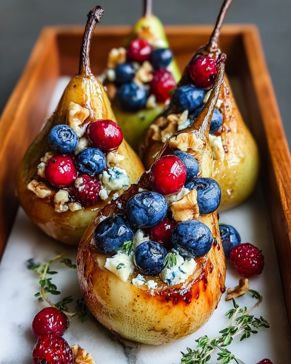 The image shows three pear halves with skins on, each cut side facing up, placed on a white marbled surface inside a wooden tray. The pears have a golden-brown, caramelized glaze on their cut sides. Each pear half is topped with a mix of fresh blueberries and raspberries, sprinkled chunks of light blue cheese, small pieces of walnuts, and a small green sprig of thyme, adding a touch of natural green. The glossy texture of the caramel sauce on the pears gives them a shiny, appetizing look. Photo taken with an iphone --ar 4:5 --v 7