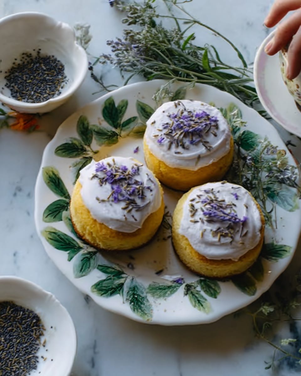 Three small round cakes with yellow layers and white frosting on top, each sprinkled with tiny purple flower petals. The cakes are placed on a white plate decorated with green leaves all around. The plate sits on a white marbled surface, with some sprigs of fresh herbs near it. Beside the plate, there is a white bowl filled with small black seeds, and a woman's hand is gently touching the edge of the plate. photo taken with an iphone --ar 4:5 --v 7