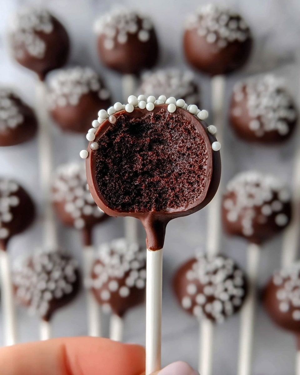 The image shows three rows of dark chocolate cake pops, each round cake pop fully covered in smooth dark chocolate with small white round sprinkles scattered unevenly on top. Each cake pop sits on a white stick that extends vertically downward, creating a neat grid pattern. The cake pops are placed on a tray with a white marbled texture that has a subtle chevron pattern. The chocolate coating has a glossy finish with some slight drips at the bottom near the sticks. photo taken with an iphone --ar 4:5 --v 7