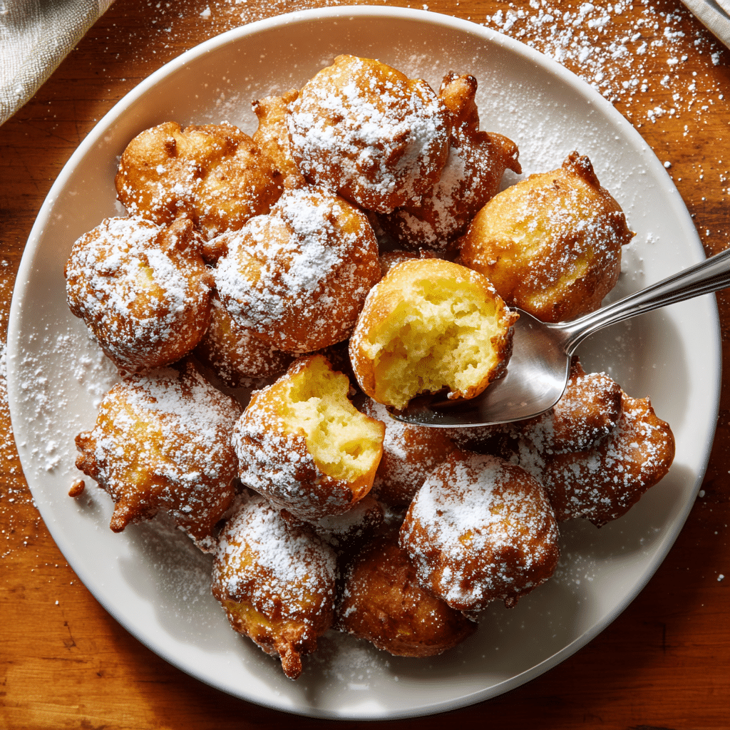 A white plate filled with many golden-brown fritters, each unevenly shaped with a rough texture, all dusted lightly with white powdered sugar. One fritter is held in the center by a silver spoon showing its soft, fluffy, light yellow inside with a slightly crispy exterior. The plate is placed on a wooden surface with some powdered sugar scattered around. The background is blurred with soft, warm light. photo taken with an iphone --ar 4:5 --v 7