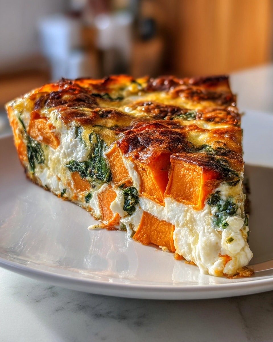 A single large slice of a vegetable quiche sits centered on a white plate, placed on a white marbled surface. The quiche has three visible layers: the bottom is a thin crust, light brown in color. The middle filling layer is creamy white with chunks of orange sweet potato and bright green leafy spinach mixed in, showing a soft, fluffy texture. The top layer is a golden-yellow, slightly browned custard with browned sweet potato cubes scattered across, some slightly charred on top. The outer edge of the slice is well-baked with a slight crispness visible. Photo taken with an iphone --ar 4:5 --v 7